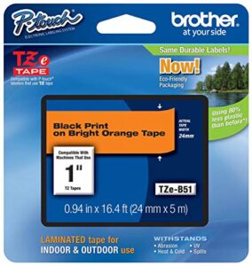 brother genuine p-touch tze-b51 tape, 1″ (0.94″) wide standard laminated tape, black on fluorescent orange, laminated for indoor or outdoor use, water-resistant, 0.94″ x 16.4′ (24mm x 5m), tzeb51