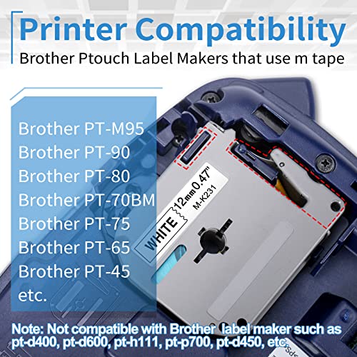 Labelife Compatible Label Tape Replacement for Brother M Tape 12mm 0.47 M Series Label Tape M231 MK231 MK431 MK531 MK631 MK731 Work for Brother P Touch PT-90 PT-M95 PT-45M PT-65 Label Maker, 5 Color