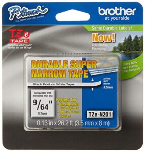brother genuine p-touch tze-n201 tape, 9/64″ (0.13″) wide super-narrow non-laminated tape, black on white, recommended for home and indoor use, 0.13″ x 26.2′ (3.5mm x 8m), single-pack, tzen201