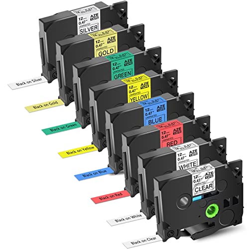 GREENCYCLE Compatible for Brother P-Touch TZe231 12mm 0.47" AZE Label Tape Cartridge Laminated Black on White Clear Red Blue Yellow Green Gold Silver for PT-D210 D200 PTD600 D400 D450 PTH110, 8 Pack