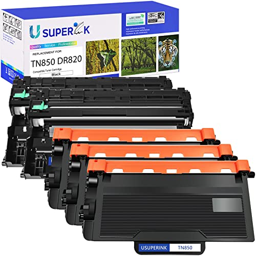 SuperInk 5 Pack High Yield Black Toner Cartridge & Drum Unit Combo Replacement Compatible for Brother TN850 TN-850 DR820 DR-820 DCP-L5500DN DCP-L5600DN DCP-L5650DN Printer (3 Toner + 2 Drum)