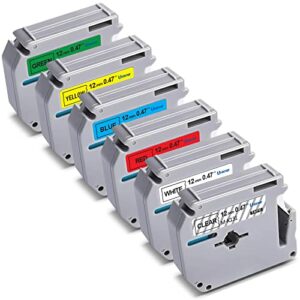 unismar compatible label tape replace for brother m tape series m-k131 m-k231 m-k431 m-k531 m-k631 m-k731 for pt-70bm pt-m95 pt-90 pt-70 pt-65 pt-85 label maker, 1/2″ x 26.2′, 6-color, 6-pack