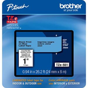 brother genuine p-touch, tze-551cs, 0.94” x 26.2’, black on blue laminated label tape