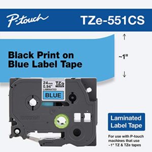 Brother Genuine P-touch, TZe-551CS, 0.94” x 26.2’, Black on Blue Laminated Label Tape