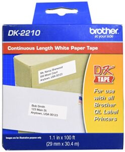 brother genuine dk-2210 continuous length black on white paper tape for brother ql label printers, 1.1″ x 100′ (29mm x 30.4m), 1 roll per box, dk2210