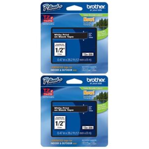 brother genuine p-touch 2-pack tze-335 laminated tape, white print on black standard adhesive laminated tape for p-touch label makers, each roll is 0.47″/12mm (1/2″) wide, 26.2 ft. (8m) long