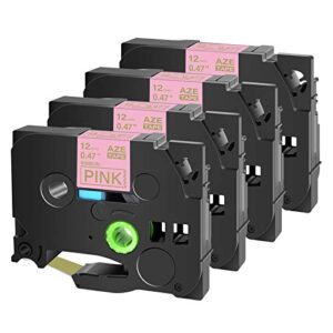 cruxer compatible for brother p-touch embellish gold print on pink satin ribbon tze re34 12mm 1/2″ (0.47 inch) label tape replacement for p-touch pt-d215e ptd210 h110 d400ad cube label makers, 4 pack