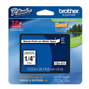 brother genuine p-touch 4-pack tze-211 laminated tape, black print on white standard adhesive laminated tape for p-touch label makers, each roll is 0.23″/6mm (~ 1/4″) wide, 26.2 (8m) long