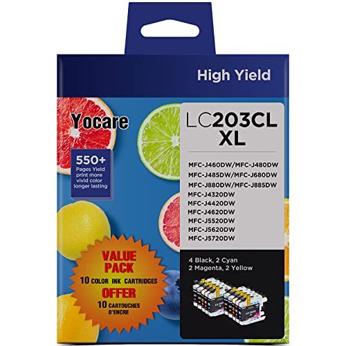 Yocare LC203XL Ink Cartridges Compatible with Brother LC203 XL High Yield Cartridges to use with MFC-J480DW MFC-J880DW MFC-J4420DW MFC-J680DW MFC-J885DW (4 Black, 2 Cyan, 2 Magenta, 2 Yellow 10 Pack)