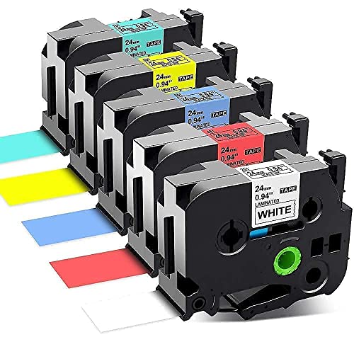 24mm Label Tape Compatible with Brother P Touch TZ Tape 24mm 0.94 Laminated White/Red/Blue/Yellow/Green Tz TZe-251 TZe251 TZ-251 TZ251 TZe-451 TZe-551 TZe-651 TZe-751 1 Inch Tape, Total 9-Pack