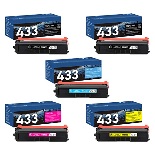 TN433 Toner, 5-Pack (2BK/C/M/Y) High Yield Compatible Replacement for Brother TN433BK TN 433 TN-433 HL-L8260CDW HL-L8360CDW MFC-L8610CDW MFC-L8900CDW Printer