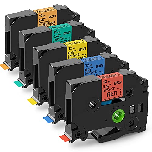 MarkDomain Compatible Label Tape Replacement for Brother P Touch TZe Label Tape 12mm 0.47 Inch (Black on Red/Blue/Yellow/Green/Orange) for P Touch PT-D210 H110 Label Maker, Laminated, 5-Pack