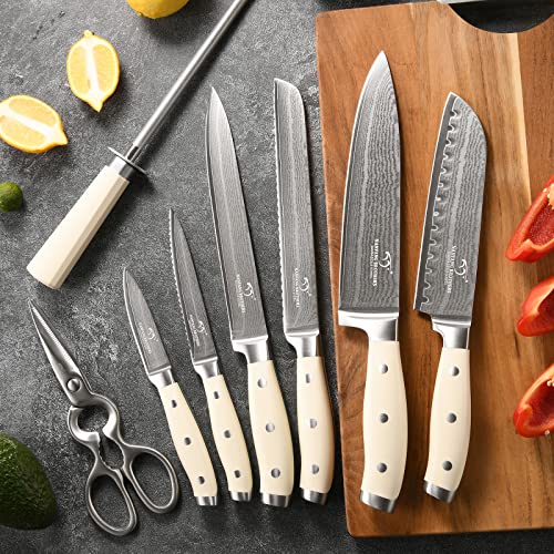 NANFANG BROTHERS Knife Set, 9 Pieces Damascus Knife Sets for Kitchen with Block, ABS Triple Rivet Ergonomic Handle for Chef Knife Set, Knife Sharpener and Kitchen Shears, Knife Block Set