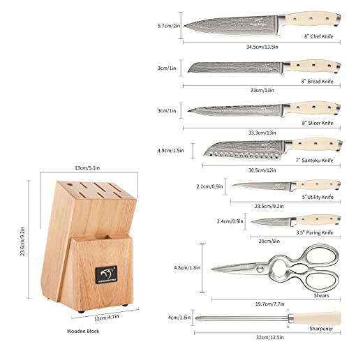 NANFANG BROTHERS Knife Set, 9 Pieces Damascus Knife Sets for Kitchen with Block, ABS Triple Rivet Ergonomic Handle for Chef Knife Set, Knife Sharpener and Kitchen Shears, Knife Block Set