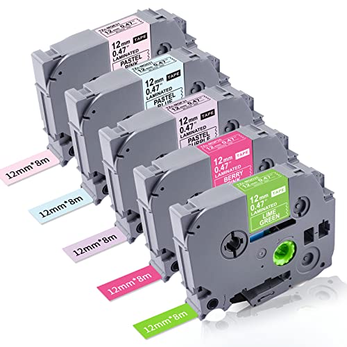 5P Compatible with Brother P Touch Label Tape TZe-MQP35 MQG35 MQF31 MQE31 MQ531 TZ Tape 12mm 0.47 Laminated Tape(White Berry Pink/Lime Green, Pastel Pink/Purple/Blue)for Brother PTD210 PTD400 PTP300BT