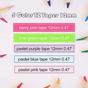 5P Compatible with Brother P Touch Label Tape TZe-MQP35 MQG35 MQF31 MQE31 MQ531 TZ Tape 12mm 0.47 Laminated Tape(White Berry Pink/Lime Green, Pastel Pink/Purple/Blue)for Brother PTD210 PTD400 PTP300BT