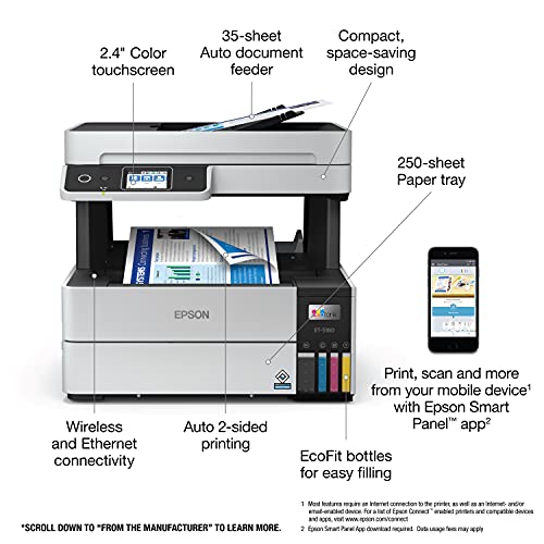 Epson EcoTank Pro ET-5180 Wireless Color All-in-One Supertank Printer with Scanner, Copier, Fax Plus Auto Document Feeder and PCL/Postscript, White