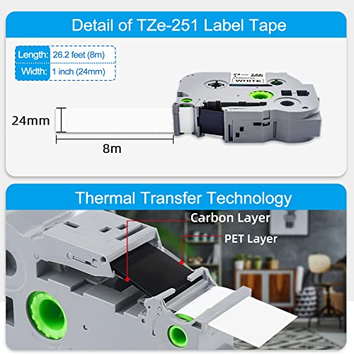 4P TZe-251 24mm 0.94 Laminated White Tape, Replacement for Brother Label Maker Tape 24mm TZe-251, P Touch Label Tape 1 Inch Compatible with Brother Ptouch PT-D600 PT-P710BT PT-P750W Label Machine