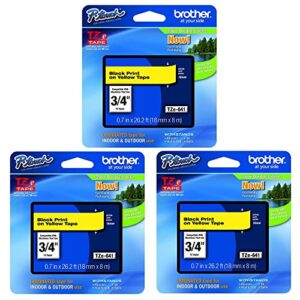 brother genuine p-touch tze-641 tape, 3/4″ (0.7″) standard laminated p-touch tape, black on yellow, for indoor or outdoor use, water-resistant, 26.2 ft (8 m), single-pack (3)