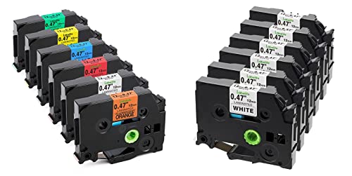 Compatible Label Tape Replacement for Brother Ptouch TZe Label Tape Multicolor Tape Bundle with Replace TZe-231 Label Tapes, 0.47" x 26.2', Black on White/Orange/Red/Blue/Yellow/Green (Total 12-Pack)