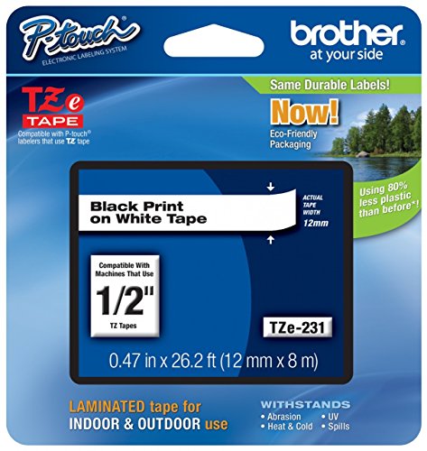 Genuine Brother 1/2" (12mm) Black on White TZe P-touch Tape for Brother PT-1200, PT1200 Label Maker with FREE TZe Tape Guide Included