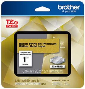 brother p-touch tze-pr851 black print on premium glitter gold laminated tape 24mm (0.94”) wide x 8m (26.2’) long