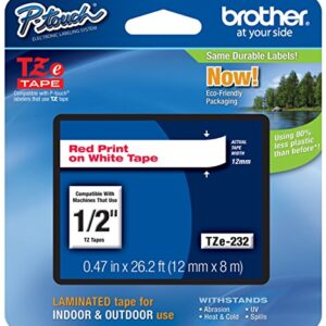 Brother Genuine TZe-232 1/2" Red on White Standard Laminated Tape for P-Touch Labeler, 6 Pack