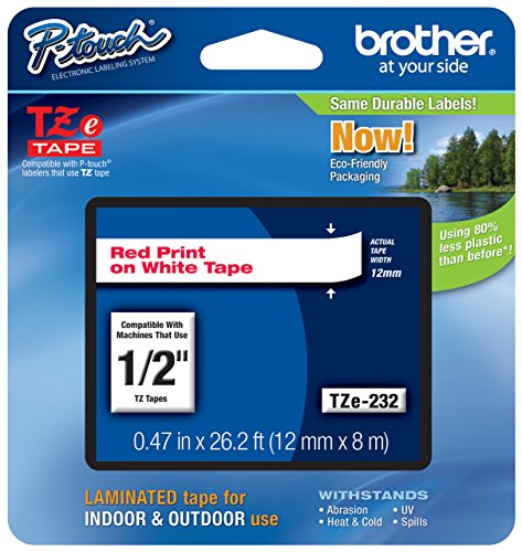 Brother Genuine TZe-232 1/2" Red on White Standard Laminated Tape for P-Touch Labeler, 6 Pack