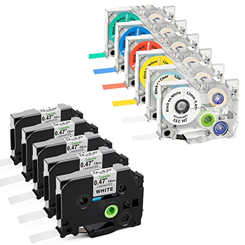 Compatible Label Tape Replacement for Brother Ptouch TZe-231 Label Tapes Bundle with Replacement TZe Label Tape Multicolor, 0.47" x 26.2', Black on White/Clear/Red/Blue/Yellow/Green (Total 11-Pack)