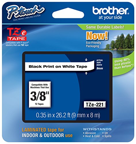 Genuine Brother 3/8" (9mm) Black on White TZe P-Touch Tape for Brother PT-1880, PT1880 Label Maker with Free TZe Tape Guide Included