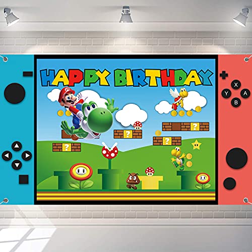 通用 Super Bros Mario Happy Birthday Backdrop Banner,Video Game Birthday Party Supplies Decorations,Super Theme Mario Bros Photography Poster Backdrop (C002)