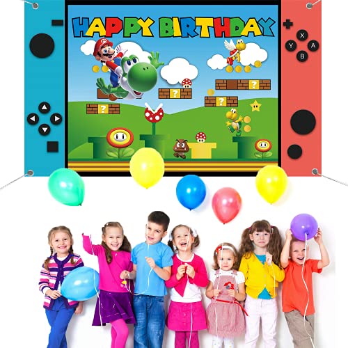 通用 Super Bros Mario Happy Birthday Backdrop Banner,Video Game Birthday Party Supplies Decorations,Super Theme Mario Bros Photography Poster Backdrop (C002)