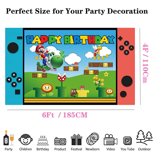 通用 Super Bros Mario Happy Birthday Backdrop Banner,Video Game Birthday Party Supplies Decorations,Super Theme Mario Bros Photography Poster Backdrop (C002)