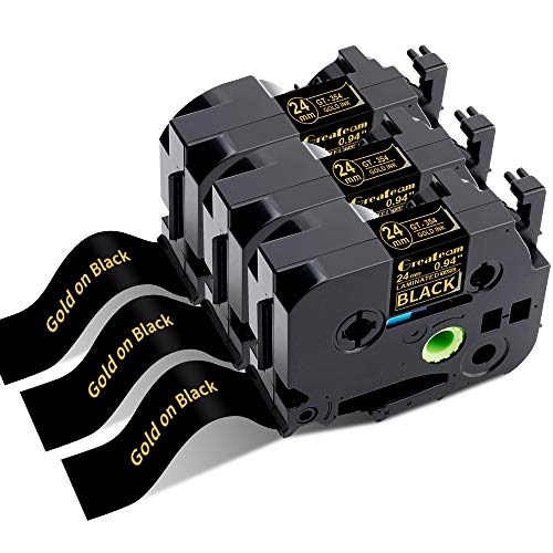 Greateam Gold on Black Label Tape Compatible with Brother TZe 24mm 0.94" Black P-Touch Tape TZe-354, 1 inch Label Maker Tape for Brother PT-D600 PT-P710BT PT-P750W PT-P700 PT2430PC, 3-Pack