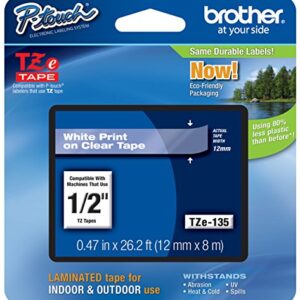 Brother Genuine TZe-135 1/2" White on Clear Standard Laminated Tape for P-Touch Labeler, 4 Pack