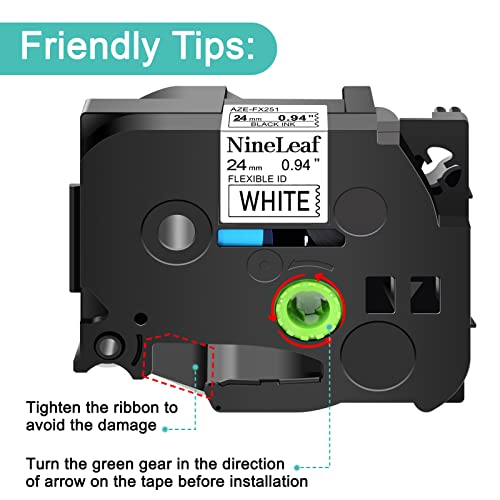 NineLeaf 10 Pack Compatible for Brother TZe-FX251 TZeFX251 TZ-FX251 TZFX251 Black on White Flexible ID Cable Laminated Label Tapes 24mm 1'' x 26.2 ft Work in P-Touch PT-D600 P750W P710BT Label Maker