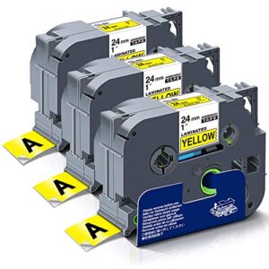 absonic tze 24mm yellow tz-651 label tape compatable for brother tze-651 laminated black on yellow tape for ptouch pt-d610bt pt-d600 pt-d600vp pt-p750w pt-p710bt 2730vp 2430pc, 0.94in x 26.2ft, 3-pack