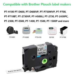 Techlink TZc-231 TZe 131 Compatible with Brother Label Maker Tape Laminated P Touch PT-D210 PT-H110 PT-D220 PTD400 PTD410 Label Tabe Maker 12mm x 8m (6 pcs White/Clear/Yellow/Red/Green/Blue Package)