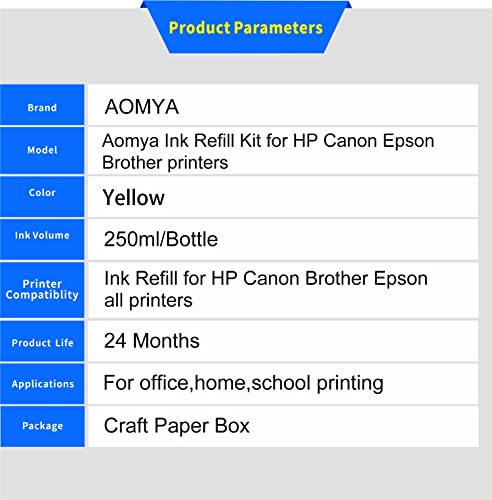 Aomya Yellow Ink Refill Kit 250ml Universal Dye Bulk Ink for Canon HP Epsn Brother Inkjet Printers Refillable Cartridge CISS CIS System (9 oz) with Syringe&Glove