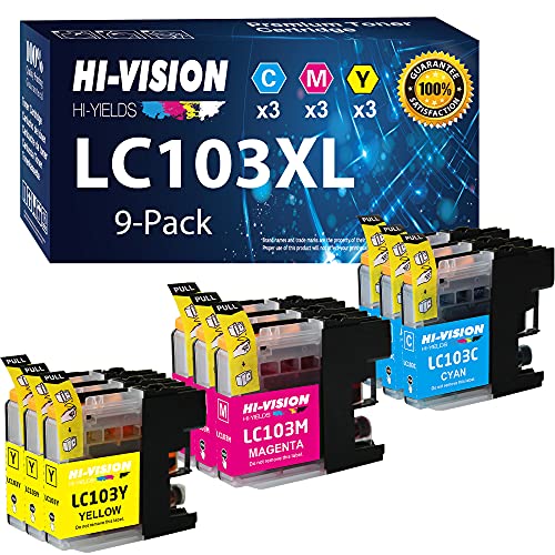 HI-VISION HI-YIELDS Compatible LC-103XL Ink Cartridges Replacement for Brother LC103XL 103XL Work with MFC-J4310DW J4410DW J4510DW J4610DW J4710DW, (3X Cyan, 3X Magenta, 3X Yellow, Total 9-Pack)