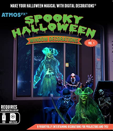 Reaper Brothers Spooky Halloween Digital Decoration Kit Includes 9 AtmosFX Video Effects for Halloween Plus HD Super Bright Projector and 48” x 72” Holographic Projection Screen