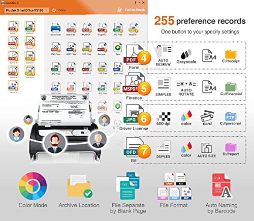 Plustek PS186 Desktop Document Scanner, with 50-pages Auto Document Feeder (ADF). For Windows 7 / 8 / 10 / 11 (Intel/AMD only)