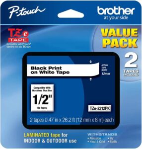 genuine oem brand name brother tzetape black on white for pt200 1/2″ 26′ (2 pack) tze2312pk by brother