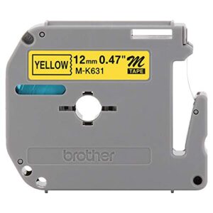 brother genuine p-touch m-k631 label tape 1/2″ (0.47″) standard laminated p-touch tape, black on yellow laminated for indoor or outdoor use, water resistant, 26.2 feet (8m), single-pack (mk631),black/yellow