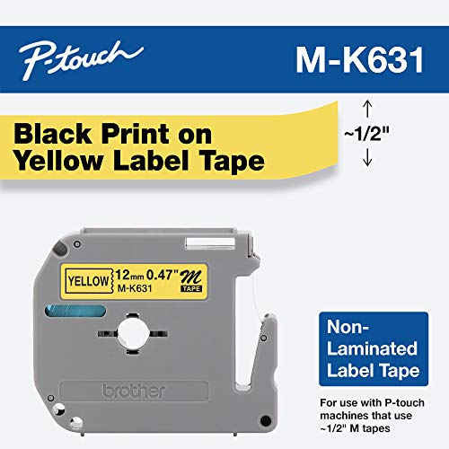 Brother Genuine P-touch M-K631 Label Tape 1/2" (0.47") Standard Laminated P-touch Tape, Black on Yellow Laminated for Indoor or Outdoor Use, Water Resistant, 26.2 Feet (8M), Single-Pack (MK631),Black/Yellow