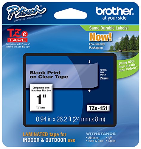 Genuine Brother 1" (24mm) Black on Clear TZe P-touch Tape for Brother PT-2730, PT2730 Label Maker