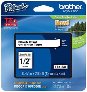 genuine brother 1/2″ (12mm) black on white tze p-touch tape for brother pt-330, pt330 label maker with free tze tape guide included