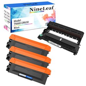 NineLeaf 4 Pack Combo TN630 TN-660 TN660 Toner Cartridge DR630 DR-630 Drum Unit Compatible for Brother HL-L2380DW MFC-L2740DW DCP-L2540DW Printer (3 Black Toner +1 Drum)