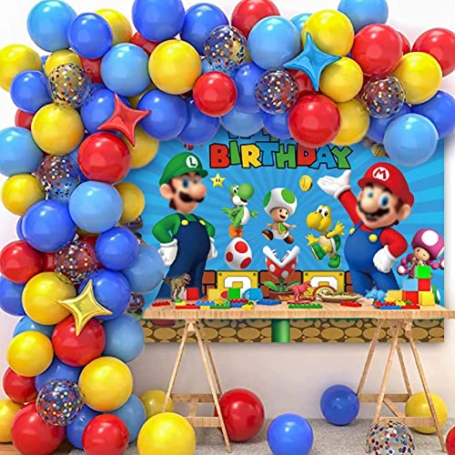 Super Brother Cartoon Backdrop Gold Coin Video Game Background Mushroom Blue Happy Birthday Backdrop for Kids Baby Shower Party Supplies Cake Table Banner Photo Booth Studio Props 5X3FT