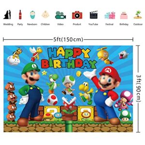 Super Brother Cartoon Backdrop Gold Coin Video Game Background Mushroom Blue Happy Birthday Backdrop for Kids Baby Shower Party Supplies Cake Table Banner Photo Booth Studio Props 5X3FT